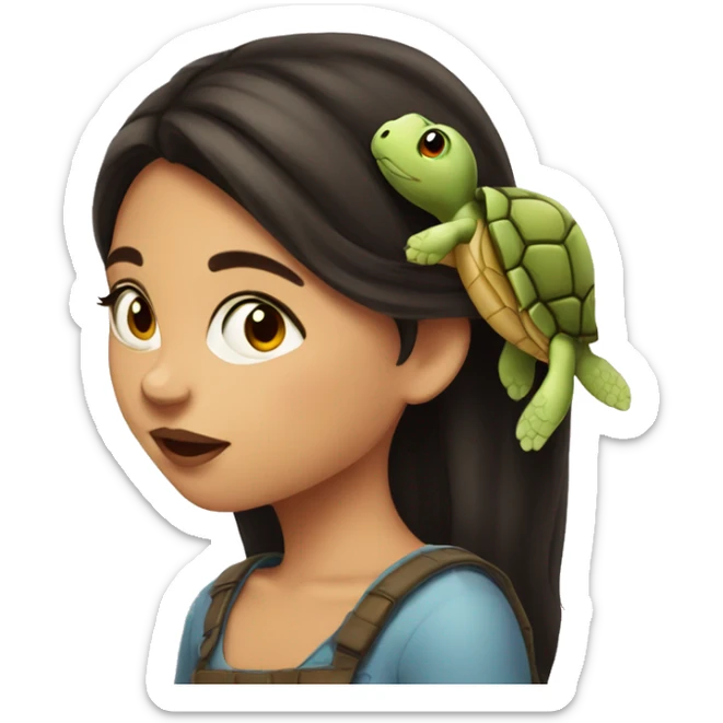 European girl with dark hair kiss little turtle sticker