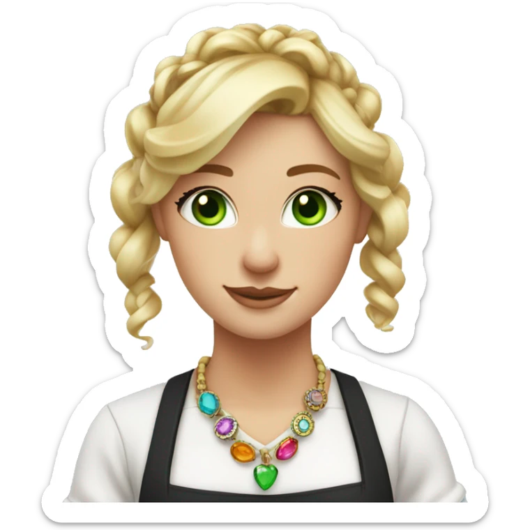Waitress with white shirt and black apron, curly blonde hair in a pony tail, green eyes, lots of colorful boho jewelry  sticker