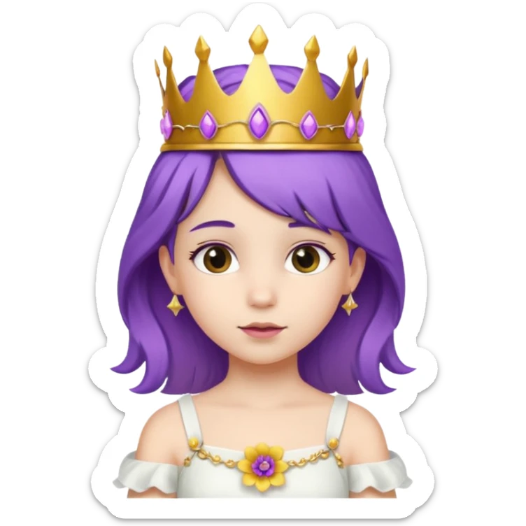 Princesses kid girl, with Gold Crown and flower on purple hair, with white dress sticker