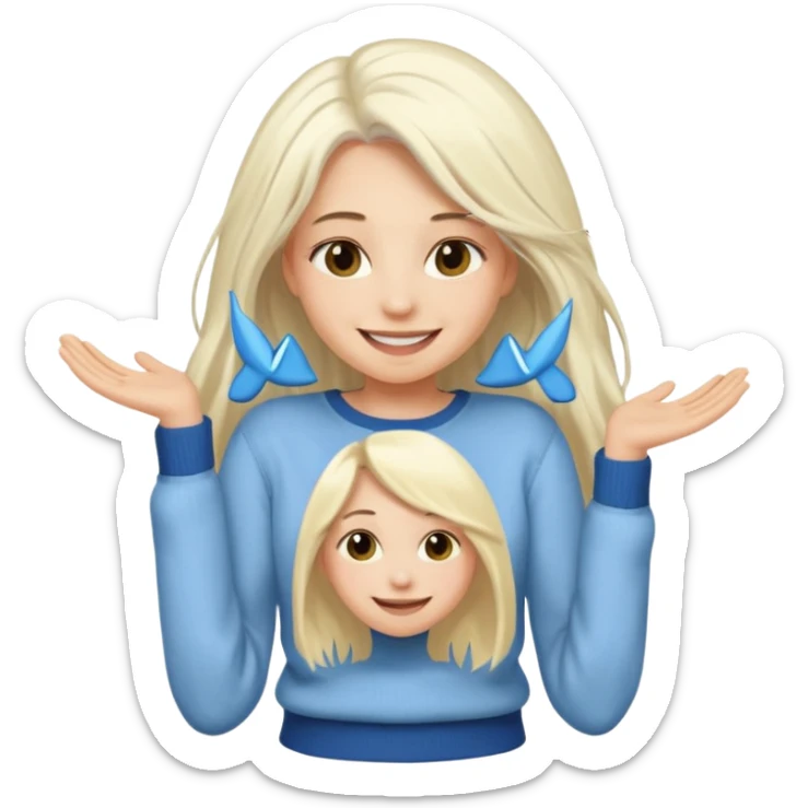 blonde woman with long white hair, smiling, taking off a sweater, simple features, emoji style sticker