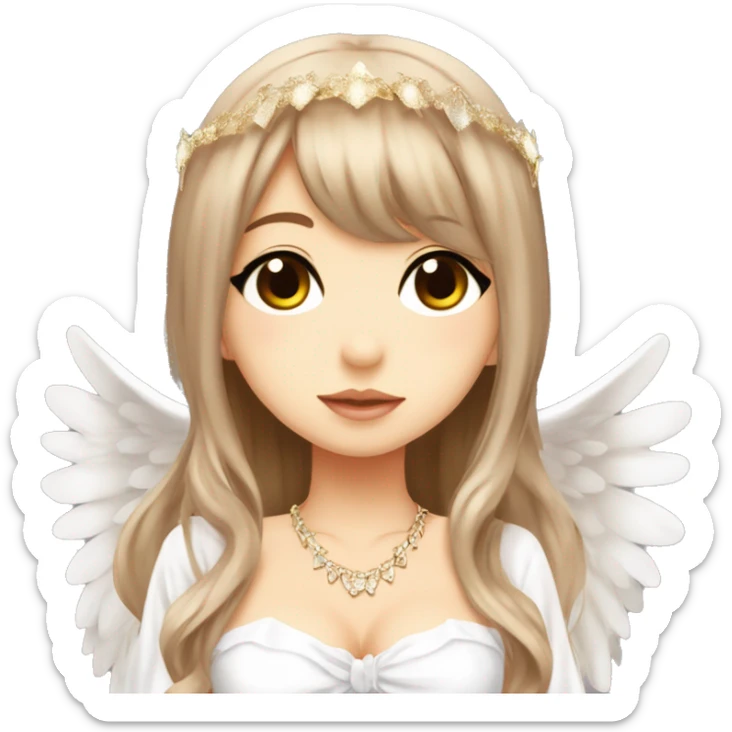 hime gyaru girl, angel wings, halo, white dress, long brown beautiful hair  sticker