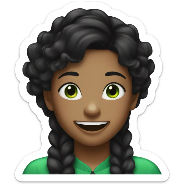 black-haired girl with green eyes, wearing braces, laughing, wearing a black tracksuit, long, slightly wavy hair sticker