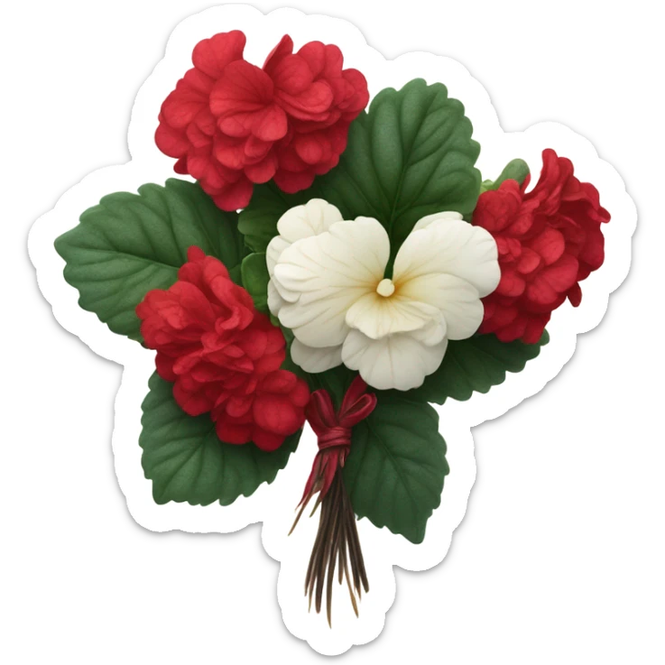 A crimson bouquet of begonias with a velvet ribbon and a feather quill
 sticker