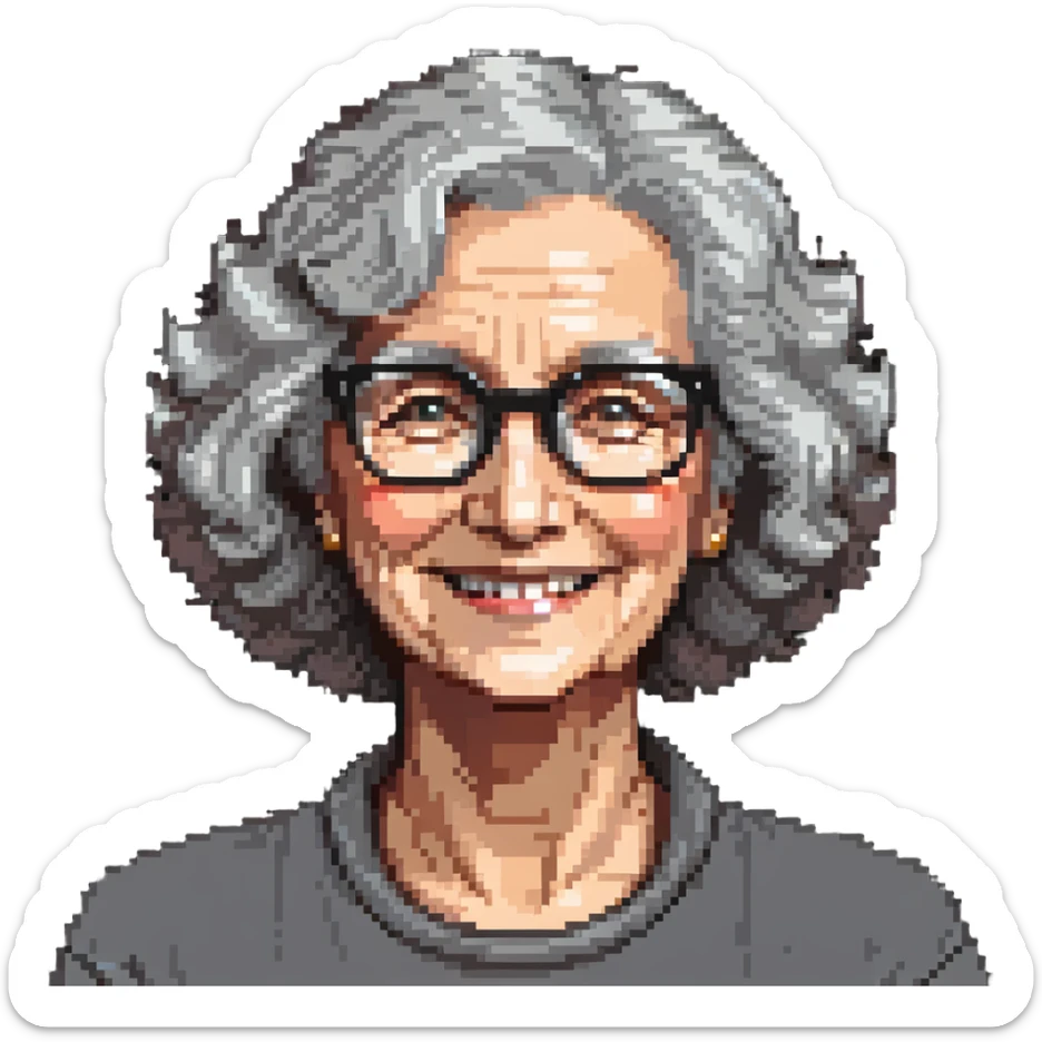 portrait of a smiling elderly Caucasian woman in her 70s, grey curly hair, glasses sticker