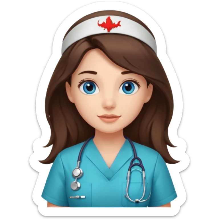pretty brunette nurse with long hair and blue eyes in dinosaur scrubs sticker