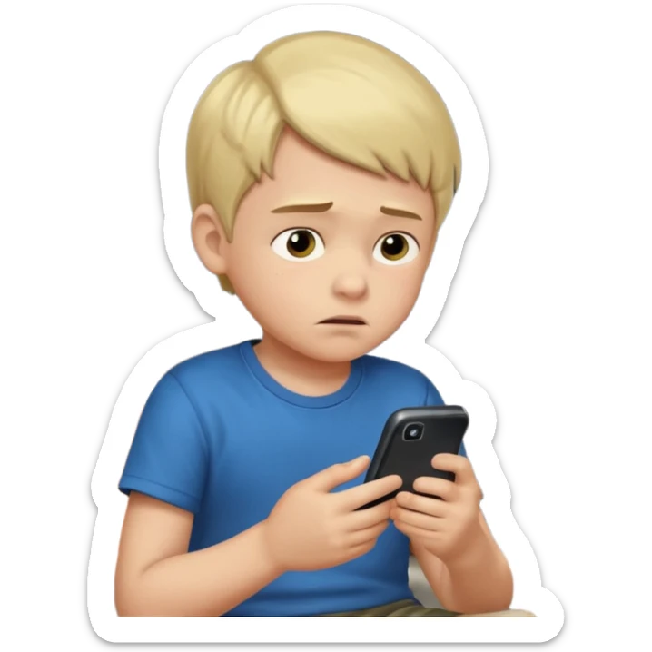 un niño de entre 3 - 10 años jugando con su celular, cansado en una habitacion apagada, el niño tiene piel blanca

 sticker