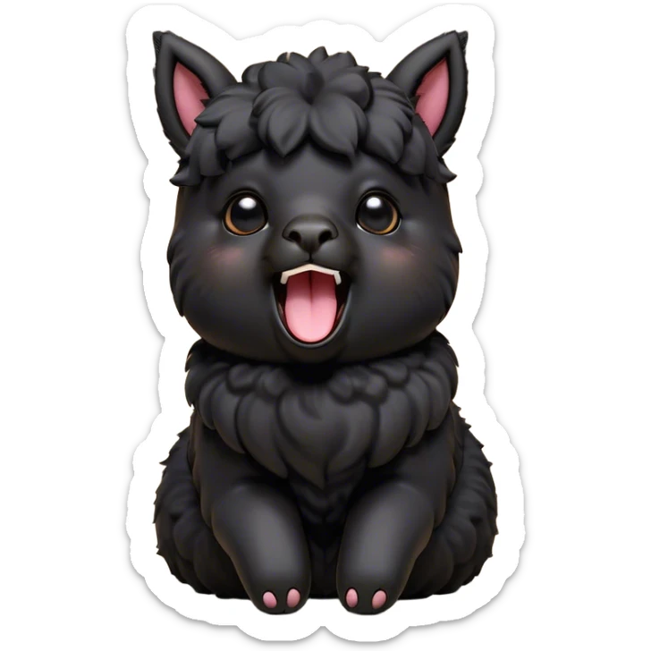 Cinematic Cute Yawning Black Alpaca Portrait Emoji, Head tilted slightly with a dramatic, wide-open yawn, showcasing a soft, plush jet-black fleece with gently drooping ears, round dark eyes barely open in drowsy contentment, Simplified yet irresistibly adorable features, highly detailed, glowing with a soft, cozy glow, high shine, relaxed yet expressive, stylized with a touch of whimsy, bright and endearing, soft glowing outline, capturing the essence of a sleepy yet affectionate alpaca, so drowsy it feels like it could stretch out of the screen and curl up for a nap! sticker