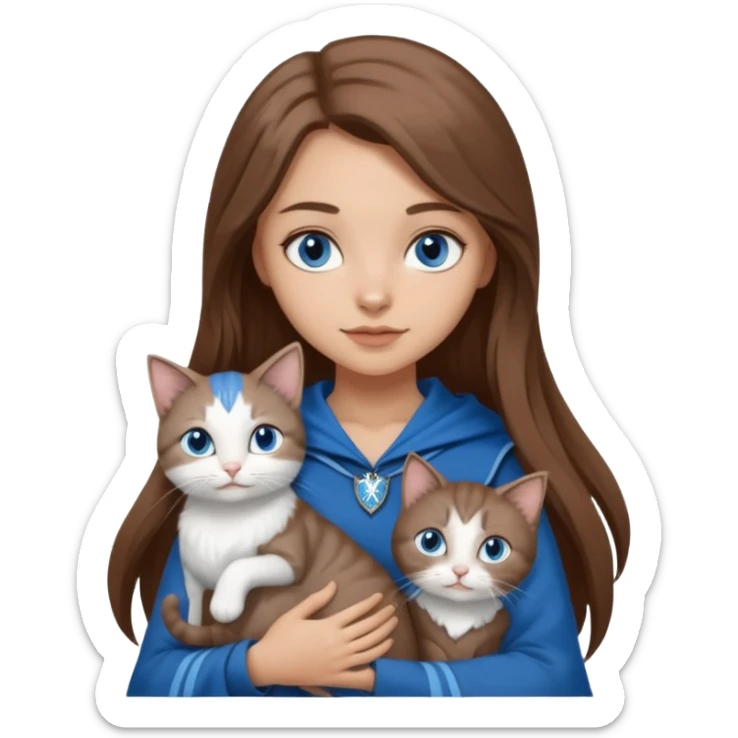 gorgeous Girl with light skin, blue eyes, long brown hair, wears a ravenclaw outfit, with a grey and white cat holding in her arms sticker