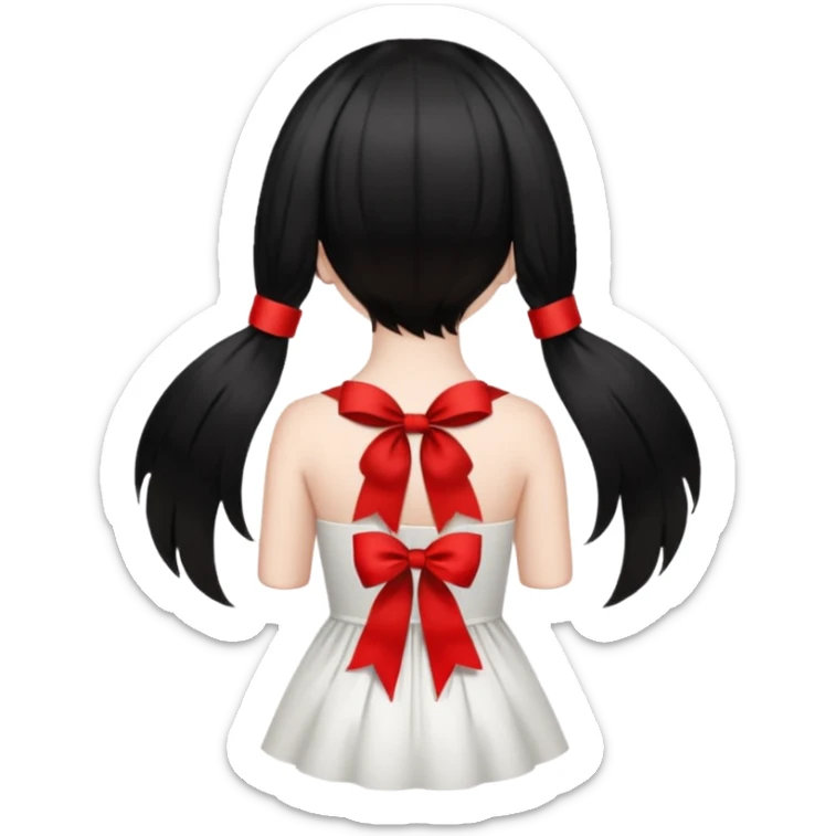 a girl back view that have a red ribbon in the middle of her hair the hair is black  sticker