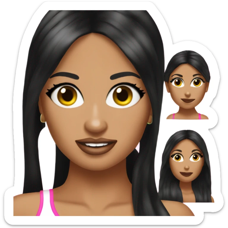 Tanned woman with long black hair, dressed in y2k Paris Hilton hair, makeup, and neon attire sticker