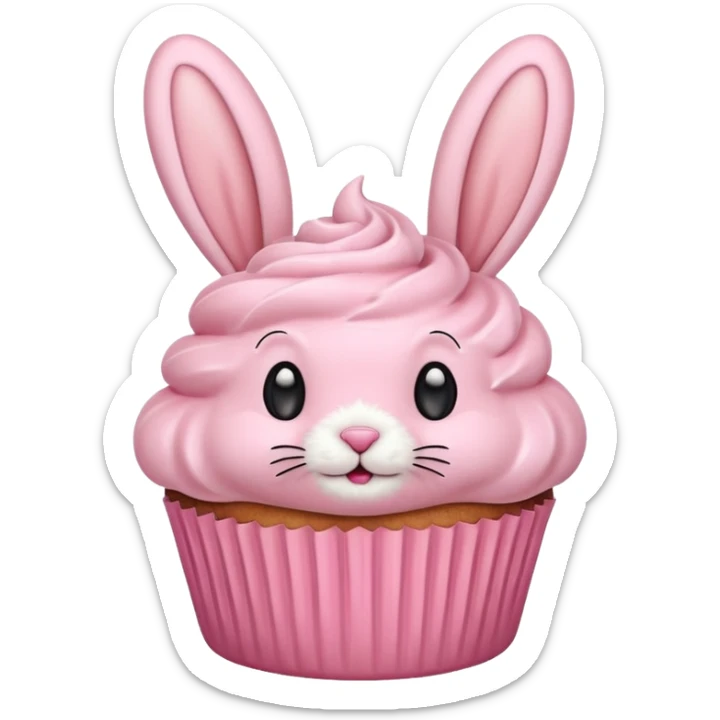 cupcake with pastel pink frosting decorated to look like a bunny face sticker