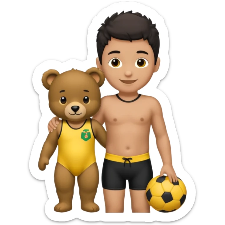 Une garçon qui a les cheveux noir qui sourit il a un maillot de l’algerie et qui a un doudou sur son epaule un ours jaune qui a des habille noir sticker