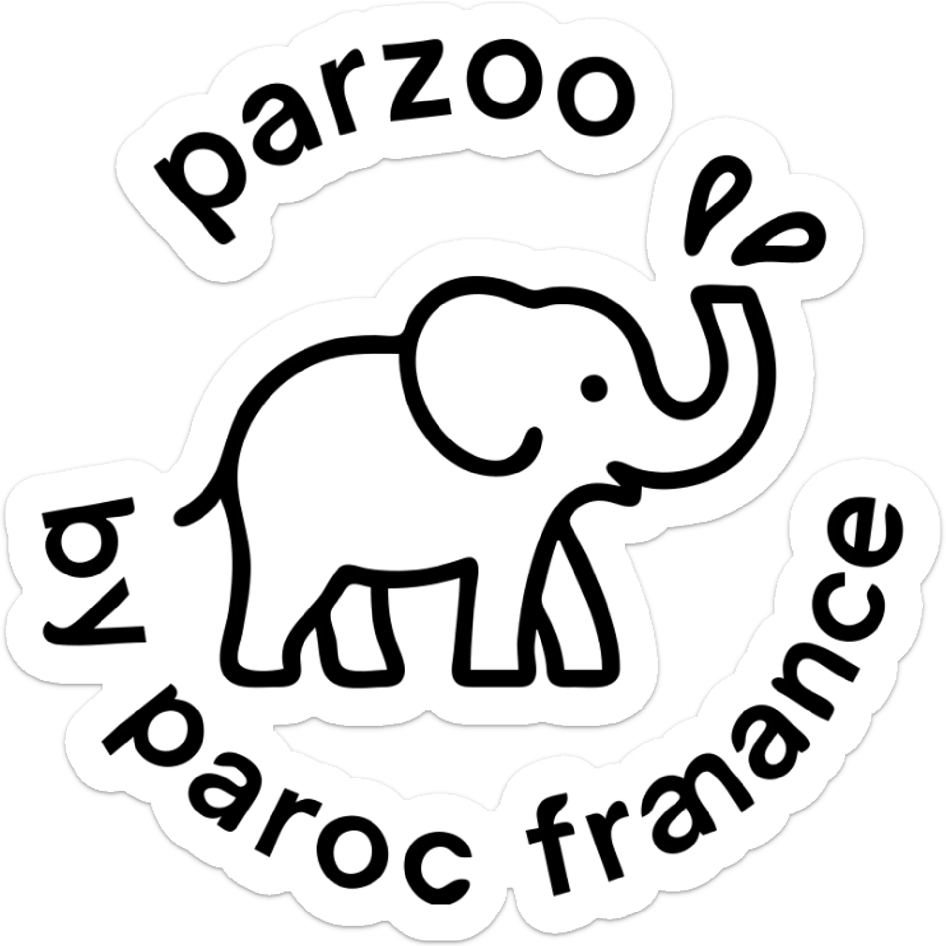 Logo avce un éléphant qui projette de l'eau avec au tour ( en rond ) écris : parzoo by paroc france  sticker