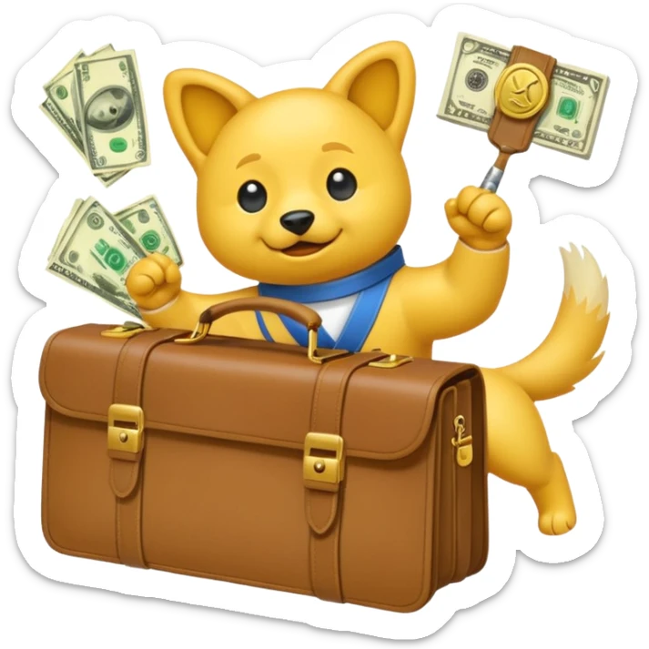 Yellow emoji with karate dogs, a briefcase, money, a phone and a paintbrush flying in its aura sticker