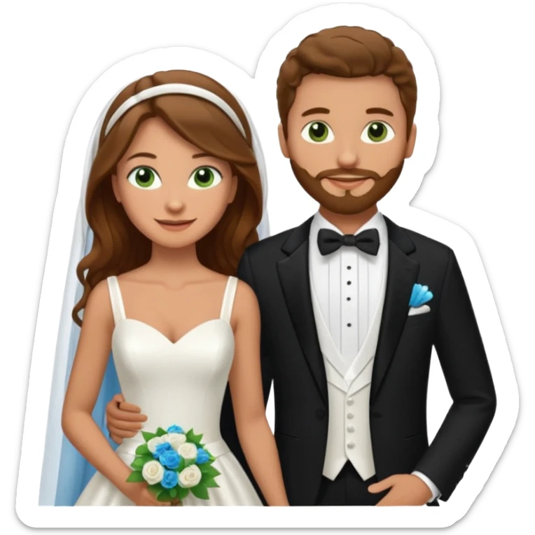 wedding couple woman with long straight brown hair and green eyes man with short light brown curly hair and facial hair with blue eyes sticker