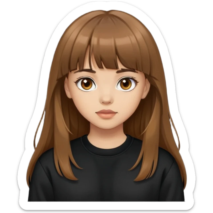 Light skinned girl with brown eyes, long brown hair with bangs, wearing a black sweatshirt sticker