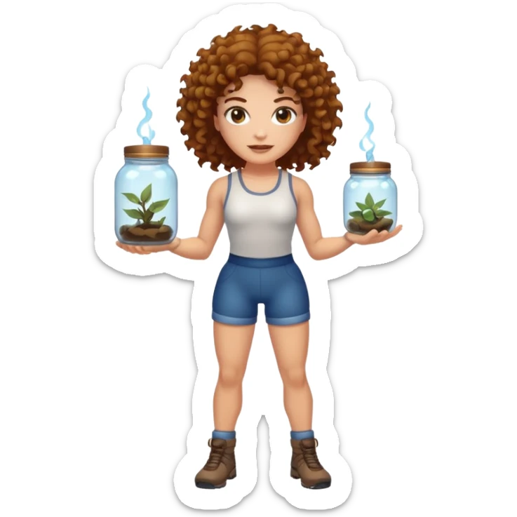 full body woman short curly brown mullet brown eyes white skin muscular build bug catcher spirit with glowing jar sticker