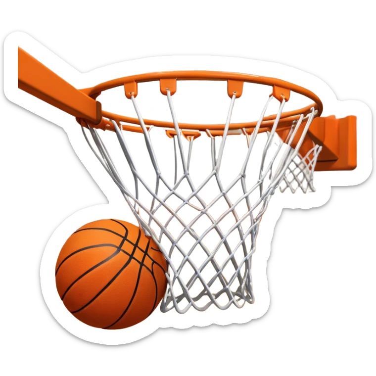 A close-up shot of a basketball entering the hoop, with the ball swishing through the net. The background features a blurred basketball court, emphasizing the perfect shot and the excitement of the game. sticker