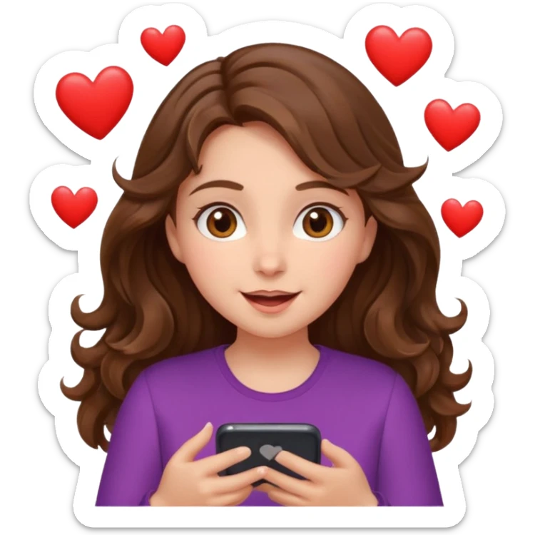 Girl with wavy brown hair and hazel eyes Looking at phone and in love and she is excited and hot with hearts sticker