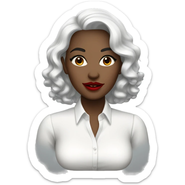 White skin woman wearing a white blouse with black shoulder length wavy hair with brown eyes wearing bright red lipstick on her lips sticker