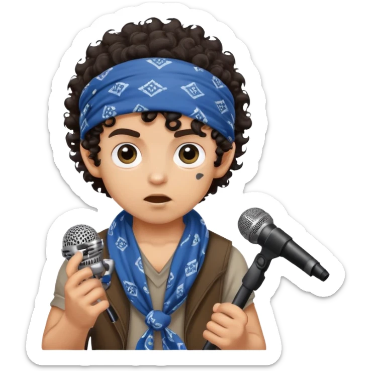 ugly medium skin boy with bandana on head and dark curly hair and HUGE eyes and holding a microphone sticker