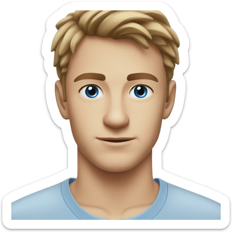 A head and shoulders shot of a 22 year old Caucasian man, with short brown hair,   with blue eyes wearing a t-shirt. sticker