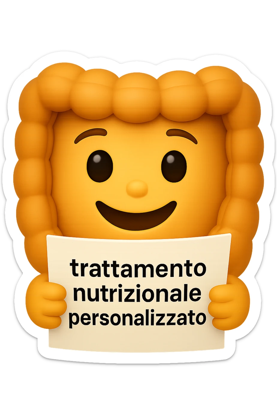 emoji stile iphone di un intestino felice che legge un foglio con la scritta "trattamento nutrizionale personalizzato", non fargli il naso, iperrealistico 4k sticker