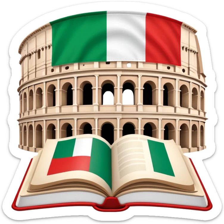 An icon featuring the Colosseum and the flag of Italy, symbolizing the Italian language. The design includes an open book with Italian phrases, representing language learning and cultural heritage. Transparent background sticker