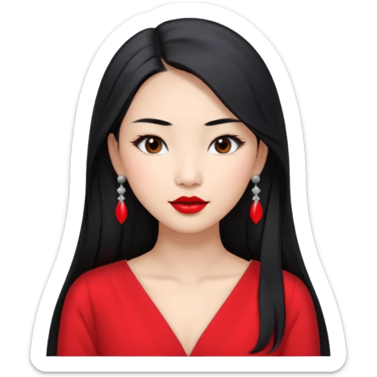 30 yr old asian woman, middle parted straight long black hair, very pretty, fancy grey dress, earings, red lipstick, silver earings sticker
