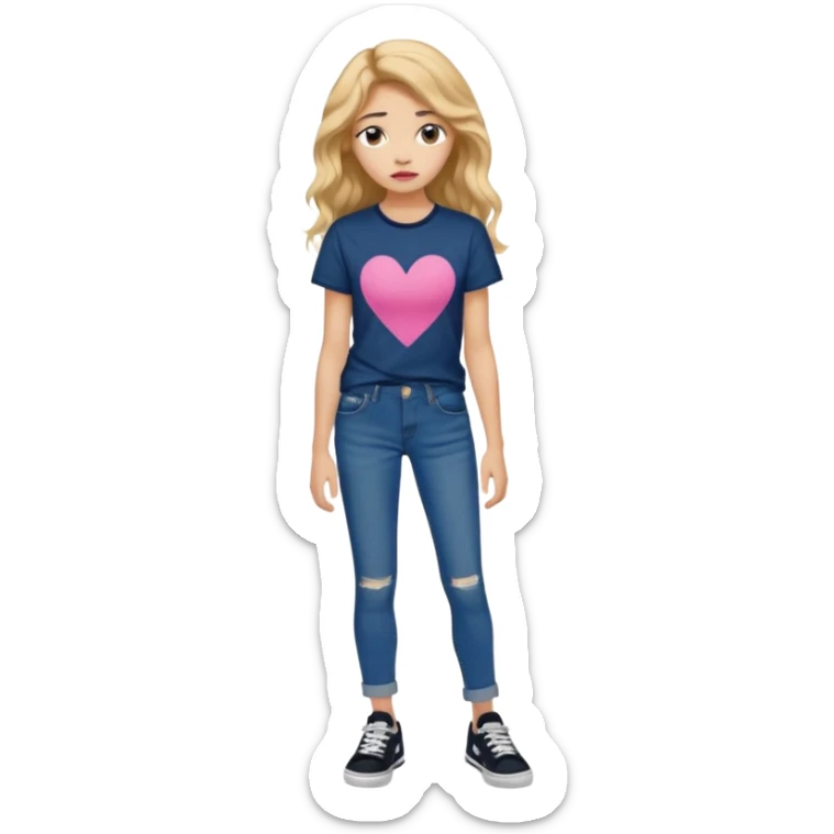 > 14-year-old girl, 161cm, slender, long wavy golden hair, tan skin, full pink lips, long lashes, thick eyebrows, dark blue t-shirt, faded jeans, black sneakers, quiet sadness in her expression, soft moody lighting, ultra-realistic portrait. sticker