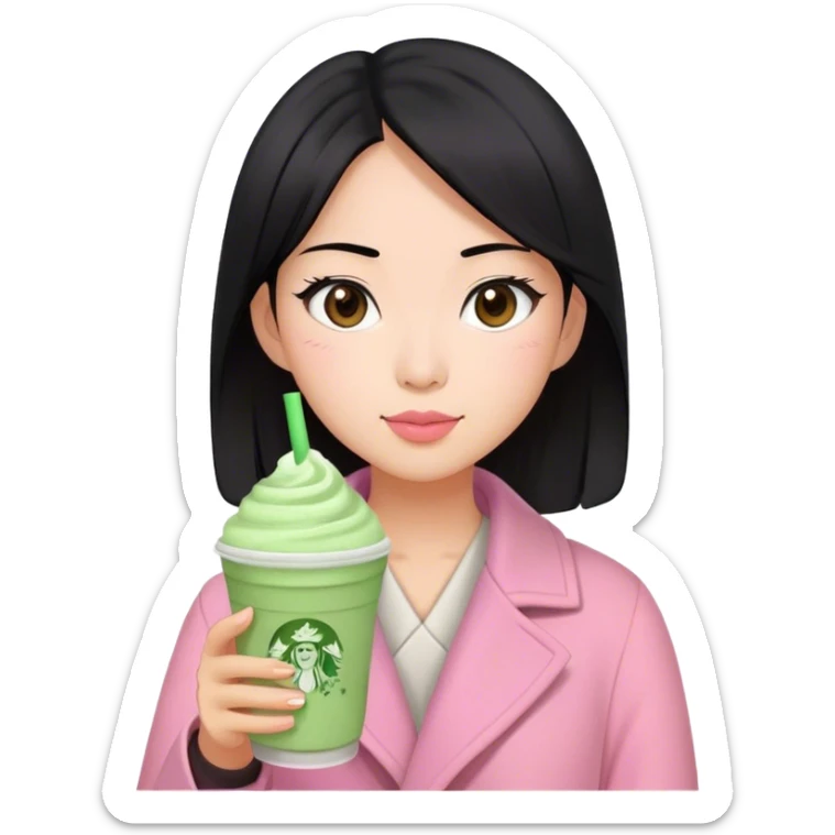 Medium black hair, asian woman, brown eyes, pink coat, holding Matcha frappe  sticker
