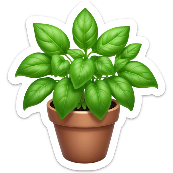 Cinematic Realistic Basil Emoji, Lush and fragrant, with vibrant green leaves that release a fresh, herbal aroma. The soft, glossy leaves are delicately arranged along slender stems, exuding vitality and flavor. Soft glowing outline, capturing the essence of freshness, growth, and aromatic delight in a blossoming basil plant! sticker