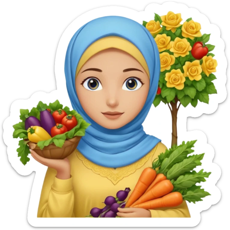 Turkish beautiful finish Konya girl blue eyes with garden design yellow and lila hijabi dress and she had on her hand vegetables  sticker