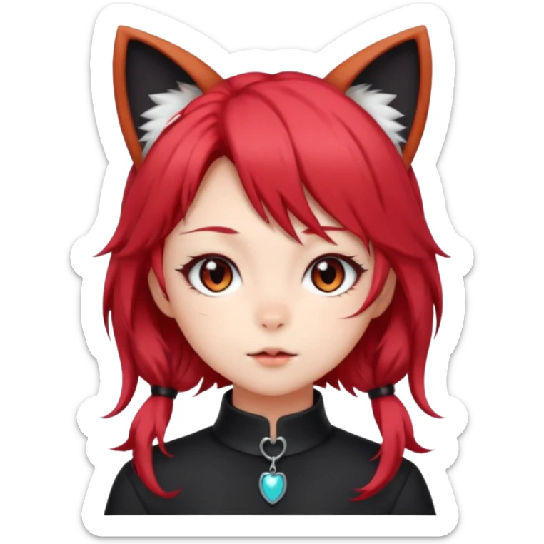 cute anime cat-girl with cat ears, red blowing hair sticker