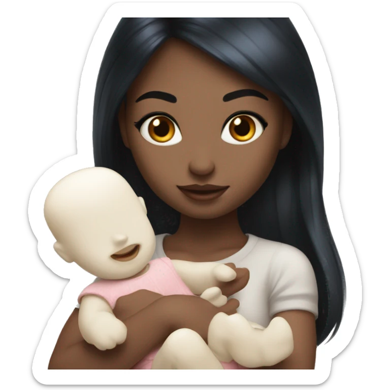 white Girl with black hair and blue eyes playing with baby doll sticker