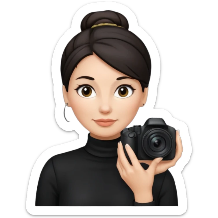 48 year old woman photographer with dark hair in a bun, wearing black clothes sticker