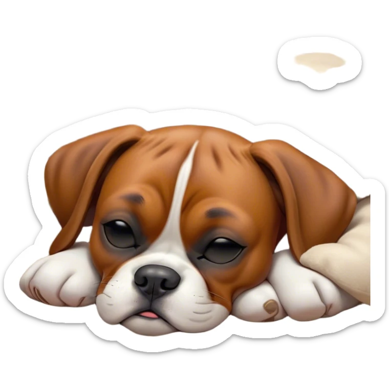Cinematic cute Sleeping Boxer dog Portrait Emoji, cute and serene, with a stocky, adorable build and a smooth fur, eyes gently closed in peaceful slumber, Simplified yet irresistibly endearing features, highly detailed, glowing with a gentle, dreamy glow, high shine, relaxed and content, stylized with a touch of whimsy, bright and heartwarming, soft glowing outline, capturing the essence of a blissfully sleepy guardian, so comically serene it feels like it could roll out of the screen and snore with adorable charm! sticker