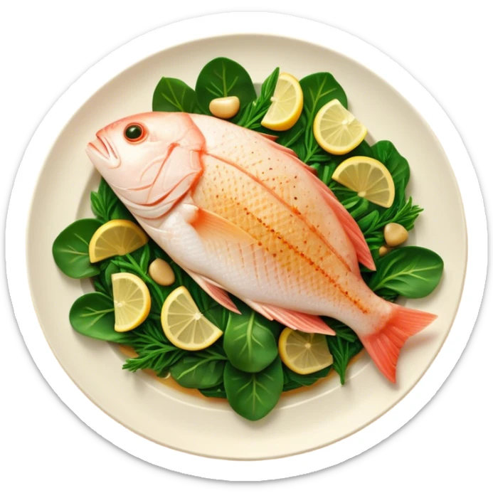 Cinematic fresh snapper fillet, pan-seared to golden perfection, soft and flaky texture, resting on a bed of sautéed greens, warm glowing background, refined and elegant. sticker