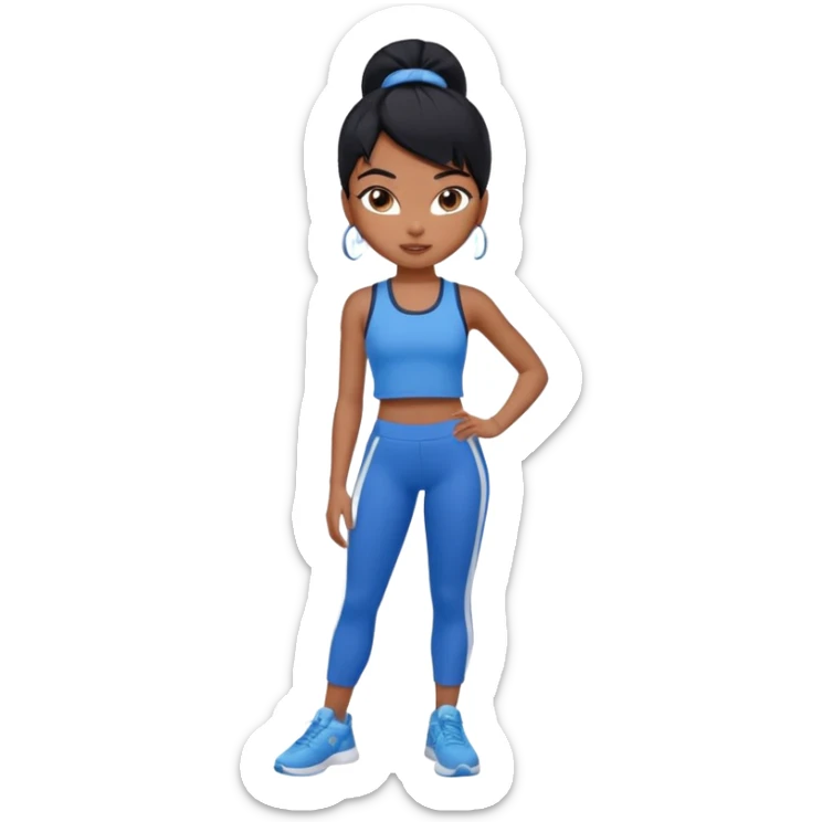 a pretty bratz tan girl who is skinny, hair color is black. wearing blue gym clothes.  sticker
