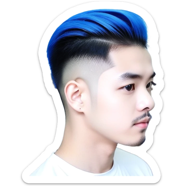 Nam 15 tuổi, da trắng, tóc under cut màu xanh lá cây vuốt ngược ra sau, mắt đen, áo khoác da màu cam , bên trong mặc áo cộc tay màu trắng, đeo khuyên tai màu bạc, mặt ngầu sticker