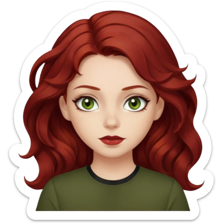 a pretty FAIR bratz girl with wavy dark red hair, wearing a black tee. eyeliner on, olive green eyes.  sticker