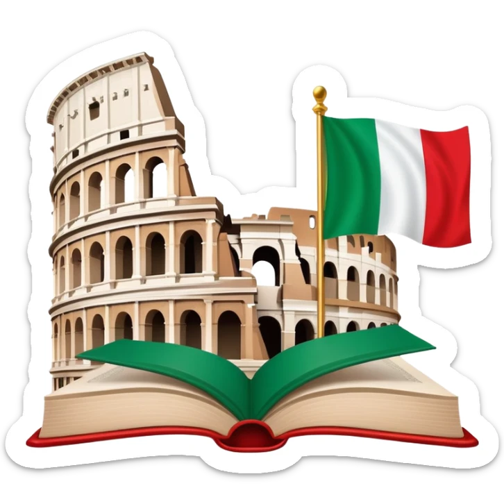 An icon featuring the Colosseum and the flag of Italy, symbolizing the Italian language. The design includes an open book with Italian phrases and a gondola, representing language learning and cultural exploration. Transparent background sticker