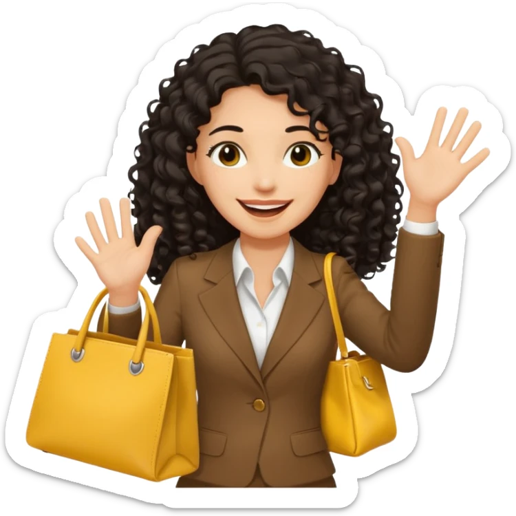 medium deep tan brown business woman with long black curly hair, waving hand with happy face with smile mouth and carrying bag on her shoulder and the other hand holding yellow stanley tumblr sticker