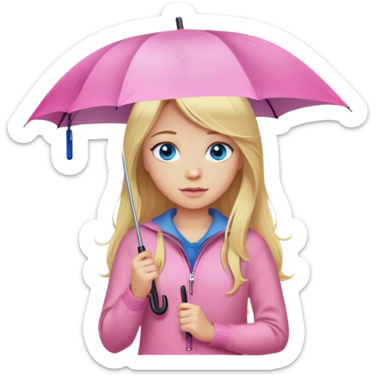 Cinematic realistic emojis in the form of a blonde girl with long hair and blue eyes, dressed in a pink sweater and jeans, holding an umbrella over her from the rain sticker