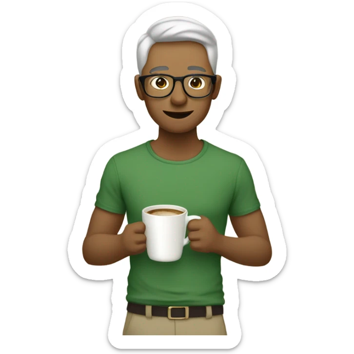 Una persona tomando una taza de café con una cara seria,camisa verde,pantalón beige,y lentes,piel clara. sticker