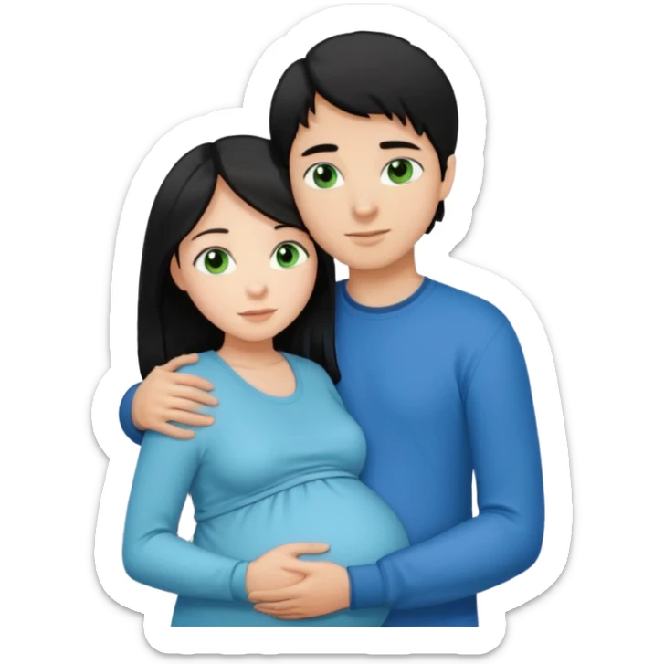 Make a couple hugging the girl is white with long black hair with blue eyes. The girl is hugging a boy with light brown short hair with green eyes. The boz is pregnant  sticker