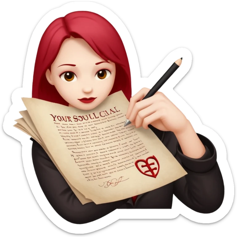 Minimalist emoji-style sticker of a pale hand signing a parchment contract titled “YOUR SOUL” in gothic font, muted red ink, grayscale background sticker
