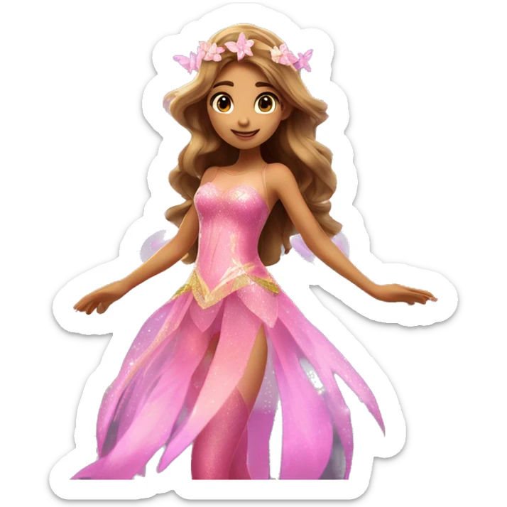 Flora the adult latina fairy of nature in her enchantix fairy pink clothing and fairy enchantix wings and long light brown hair from winx club. Small eyes, Lots of sparkles and fairydust   sticker