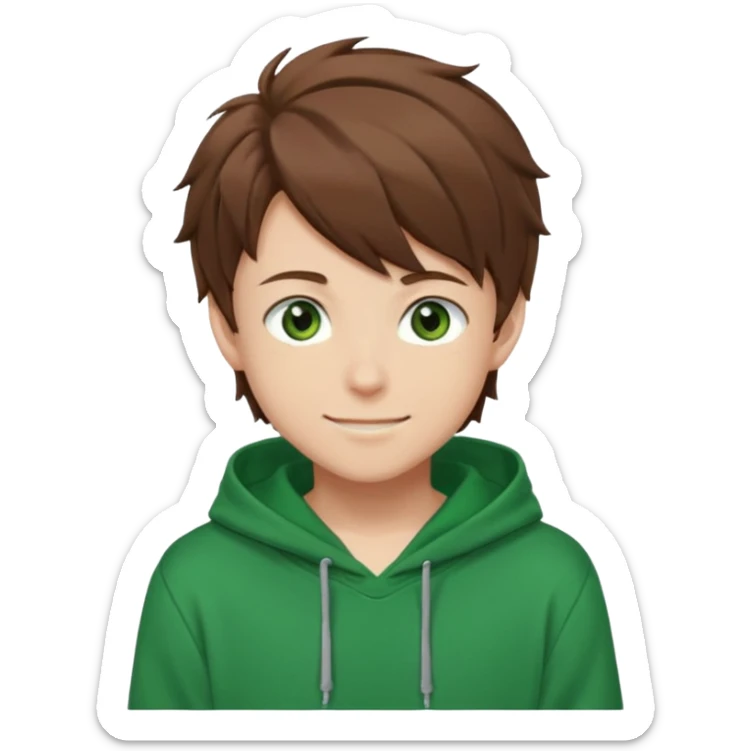 Anime teen boy with brown hair, green eyes, and a green hoodie, looking smiling slightly sideways positioned. Face must be main filling of the emoji. A little piece of hoodie can be visible. 128px sticker