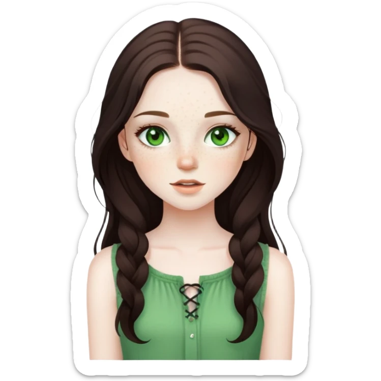 pretty girl with pale skin, freckles, green eyes, long lashes, dark brown long hair in summer styled outfit sticker